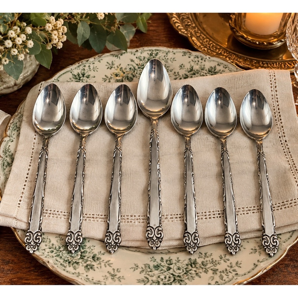 Vintage Ekco Eterna Mary Ellen Spoons Set of 7 Stainless Japan Ornate Floral